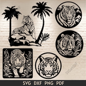 Tijger scène Svg, muur kunst dxf voor lasersnijden, svg-bestanden voor graveren, tijger svg voor cricut, tijger clipart, dieren gesneden bestanden, dxf voor plasma