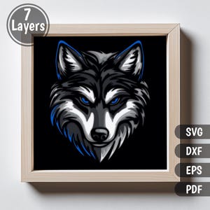 May include: A black and white wolf head with blue accents. The wolf is looking directly at the viewer with a serious expression.