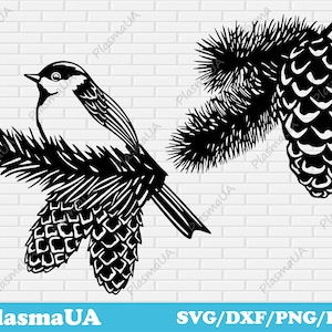 Op de afbeelding: Zwart-witte silhouet van een vogel die op een dennentak zit met twee dennenappels. De vogel kijkt naar links en heeft een korte snavel. De dennentak heeft naalden en twee dennenappels. De dennenappels zijn gedetailleerd met schubben. De afbeelding is een digitaal snijbestand voor knutselen.