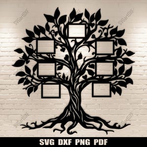 Marco de fotos de árbol genealógico (DXF), archivo cortado por láser, archivos SVG para cortar, 7 ranuras para marcos de fotos, diseño de madera contrachapada CNC