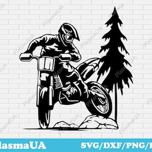 May include: A black and white silhouette depicts a motocross rider on a motorcycle, with a tree and rocks. The rider wears a helmet and riding gear. The image includes the text "PlasmaUA" and "SVG/DXF/PNG/PDF".