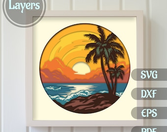 Modelos de caixa de sombra 3D Palms Tree, onda do mar 3D Svg, 3D em camadas de verão Svg, caixa de sombra do pôr do sol 3D, corte de papel 3D de verão svg, dxf para laser cnc