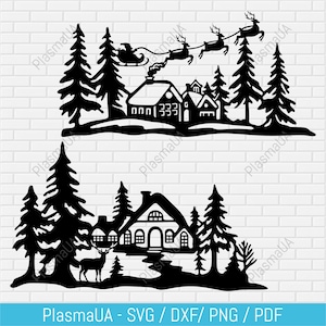 Natal svg, natal para cricut, arquivos dxf de natal para corte a laser, Papai Noel em um trenó, casa de natal svg, silhueta de natal