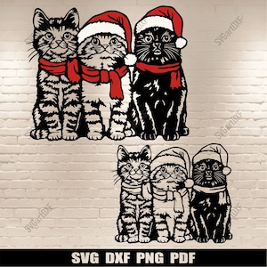 Niedliche Weihnachtskatzen SVG, Schneidedateien für Cricut, Silhouette Katzen, Dxf für CNC, Dtf Druck, T-Shirt Design