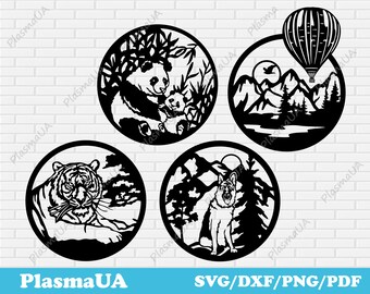 May include: Four black and white silhouette designs for laser cutting. The designs include a panda bear with a cub, a tiger, a German Shepherd dog, and a hot air balloon over a mountain range.