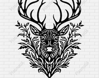 May include: Black and white silhouette of a deer head with antlers surrounded by intricate floral designs.