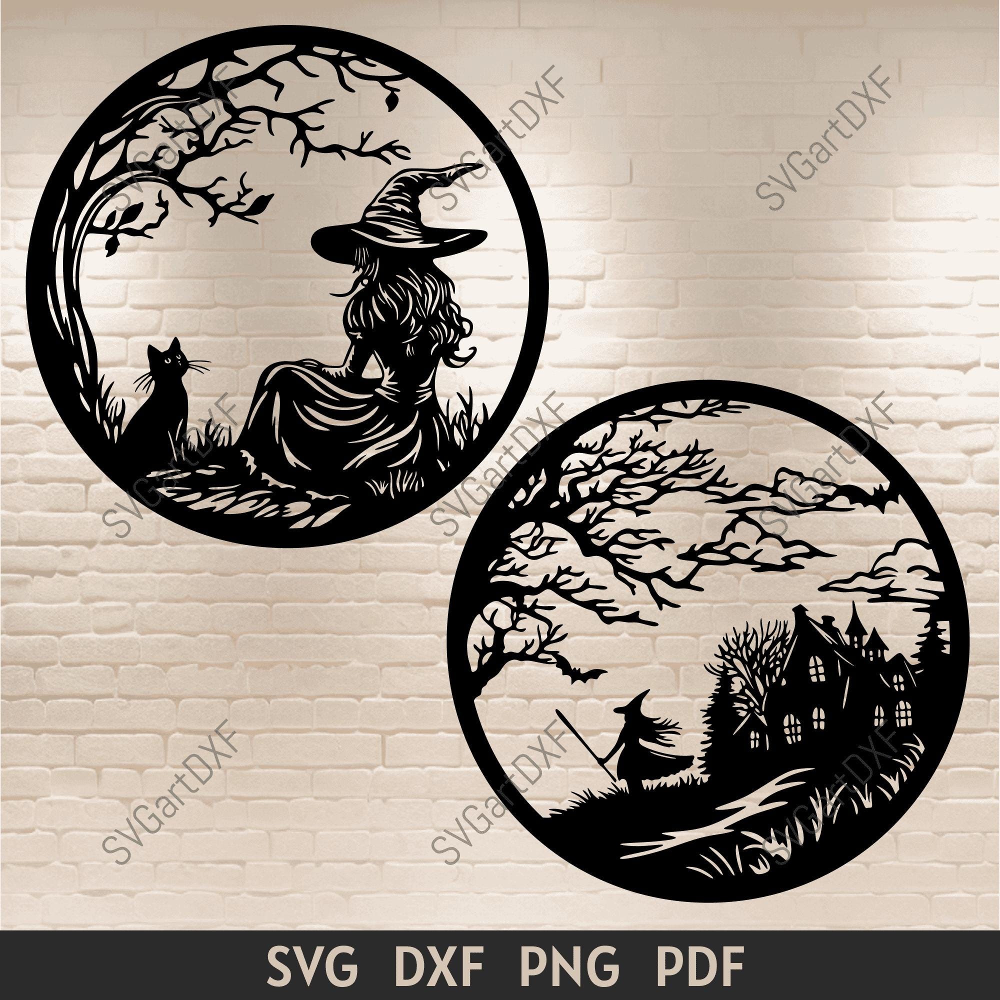 Hexenszenen für Cricut, Silhouette, Hexe mit Katze, Sublimations-T-Shirt-Design, Spukhaus-Svg, Halloween-Design-Svg-Clipart