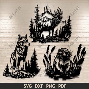 Wilde dieren Svg Dxf Png Pdf-bestanden snijden: hert, wolf, bever voor CNC, laser, Cricut, silhouet