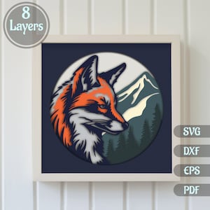 Renard 3D en couches Svg, fichiers coupés pour Cricut, modèles 3D Fox Shadow Box, papercut multicouche, svg cartonné, Silhouette Dxf, fichiers découpés au laser