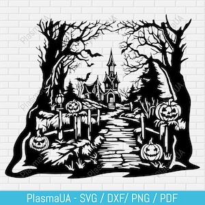 Scary Halloween scene svg cut file, haunted house svg, halloween silhouette, vector images for cricut, dxf halloween for laser, Fall decor