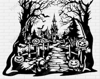 May include: Black and white silhouette of a spooky Halloween scene with a haunted house, trees, and jack-o-lanterns. The path leads to the house, which has a tall, pointed roof and windows.