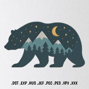 May include: A dark blue silhouette of a bear with a mountain range, trees, a crescent moon, and stars inside. The design is perfect for embroidery.