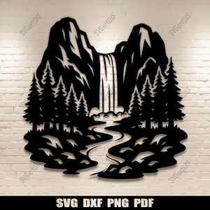 May include: Black metal wall art depicting a mountain landscape with a waterfall, trees, and a winding river. The design is a silhouette, with the text "SVG DXF PNG PDF" at the bottom. The artwork is mounted on a white brick wall.