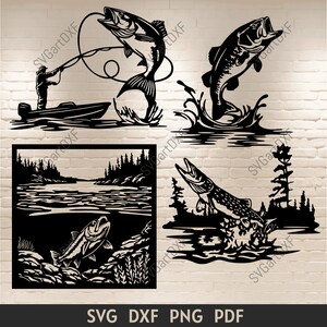 Puede incluir: Cuatro imágenes en silueta en blanco y negro de peces saltando fuera del agua. La primera imagen muestra a un pescador en un bote con un pez en una línea. La segunda imagen muestra un pez saltando fuera del agua con una salpicadura. La tercera imagen muestra una escena de río con un pez saltando fuera del agua. La cuarta imagen muestra un pez saltando fuera del agua con árboles en el fondo.