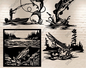 May include: Four black and white silhouette images of fish jumping out of the water. The first image shows a fisherman in a boat with a fish on a line. The second image shows a fish jumping out of the water with a splash. The third image shows a river scene with a fish jumping out of the water. The fourth image shows a fish jumping out of the water with trees in the background.