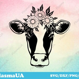 Cow with flowers, Cow cut files, svg design, SVG DXF cut files, cute cow, engraving laser, commercial use svg, digital stencil svg dxf files image 2