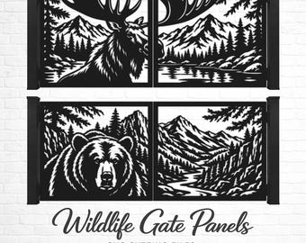Wildtor mit Elch- und Bärenmotiv (SVG/DXF), Design für ein Metalltor im Bergwald-Stil, CNC-Plasma- und Laserschnittdateien