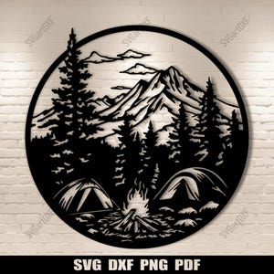 Cena de acampamento Dxf para CNC, arquivos Svg para Cricut e Silhouette cameo, design de arte em metal, arquivos de gravação a laser