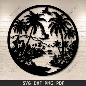 May include: Black and white silhouette of a tropical scene with palm trees, birds, and a river flowing into the ocean. The scene is set in a circle.