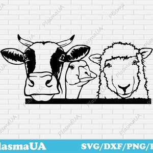 May include: Black and white silhouette of a cow, goose, and sheep peeking over a horizontal line. The animals are looking at the viewer.