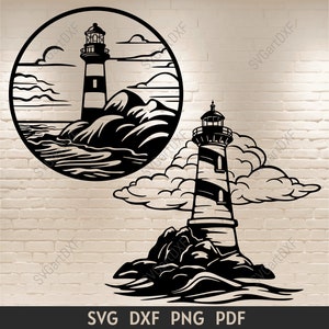 File di taglio Svg del faro per cricut, file di taglio laser dxf del vettore del mare, file di taglio laser dxf del decoro del faro, file di taglio laser della decalcomania della silhouette, modello di taglio della carta