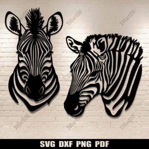 May include: Two black and white zebra head silhouettes. The zebras are facing different directions. The zebras are in a simple, minimalist style.