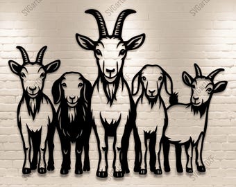 May include: A black and white wall art piece featuring five stylized goats. The goats are arranged in a row, each with unique horn and beard details. The text "SVG DXF PNG PDF" is at the bottom.