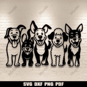 Könnte beinhalten: Schwarz-Weiß-Ausschnitt von fünf lächelnden Hunden. Die Hunde sind verschiedene Rassen, darunter ein Pudel und ein Labrador. Der Text "SVG DXF PNG PDF" befindet sich unten. Der Hintergrund ist eine weiße Backsteinmauer.