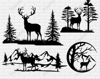 May include: Four black and white silhouette designs featuring a deer in a forest setting. The first design shows a deer standing in front of two pine trees. The second design shows a deer standing in front of a pine tree. The third design shows a deer standing in front of a mountain range. The fourth design shows a deer standing in front of a tree with branches.