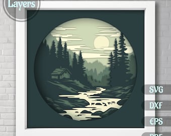 3D Cabin in Woods Layered Svg, 3D Shadow Box Template, Paper 3D art, Nature scene cut files for cricut, Dxf files for Silhouette