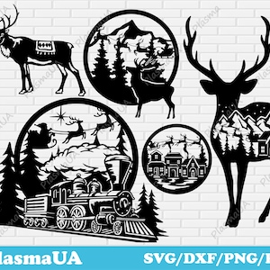 Cenas de Natal Clipart, Papai Noel SVG para Cricut, Polar Deer DXF, Arquivos de corte a laser de cidade natalina, Arquivos de corte de Natal para máquina de artesanato