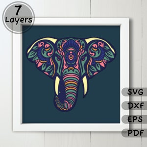 Elefant Mandala 3D Schatten Box svg, Elefant Geschichtet Mandala svg für Cricut, Papiermodell Vorlage, Multilayer Mandala svg, Laser Cut-Dateien