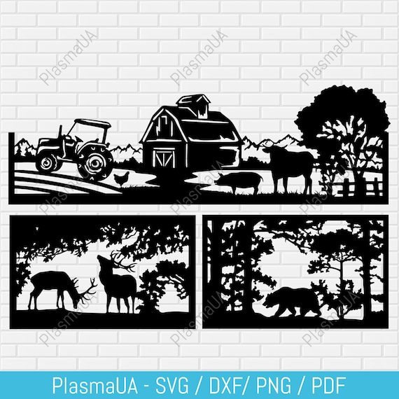 Farm scene laser files, deer scene dxf, bear svg for cricut, dxf for cnc plasma, cnc panels design, farm life svg, cnc woodworking