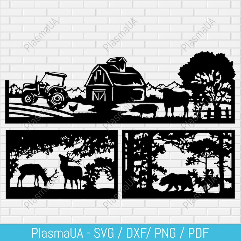 May include: Black and white silhouette design of a farm scene with a tractor, barn, pig, cow, and trees. The design is divided into three sections, with the top section showing the farm scene, the middle section showing a deer and a buck, and the bottom section showing a bear in the woods.