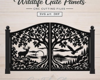 Wildlife Driveway Gate DXF SVG, Tree Deer Eagle Metal Gate Design, CNC Laser Cut File