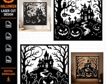 Halloween-Spukhaus-Laserschnittdesign, gruselige Kürbisdekoration, SVG DXF (Digitaler Download)