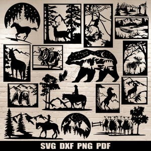 May include: A set of 16 black and white SVG cut files featuring various nature scenes, including animals, trees, mountains, and stars. The files are perfect for creating custom home decor, wall art, or other crafts.