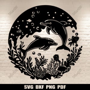 Dauphins dans l'océan Svg, projet Cricut & Glowforge, Dxf pour CNC, fichiers de gravure laser, conception imprimable, fichiers de découpe à télécharger