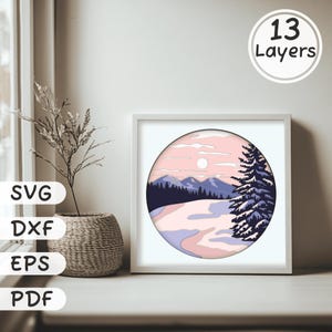 Scena invernale a strati 3D SVG, modello di scatola delle ombre di pino, file di taglio multistrato per Cricut e laser, download digitale