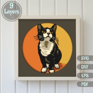 3D Katze Schattenbox, 3D Papierschnitt SVG, Cricut, Silhouette Dxf, Geschichtete Papierkunst Vorlage, Multilayer Katze, Eps-Dateien