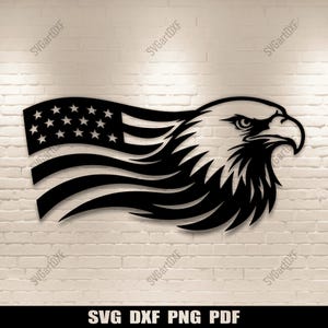 May include: Black metal wall art featuring an eagle's head and an American flag design. The eagle's head is detailed with sharp features, and the flag includes stars and stripes. The text "SVG DXF PNG PDF" is at the bottom.