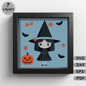 May include: A cute cartoon witch with a black hat and dress, holding a jack-o'-lantern. The background is light blue with bats and autumn leaves.