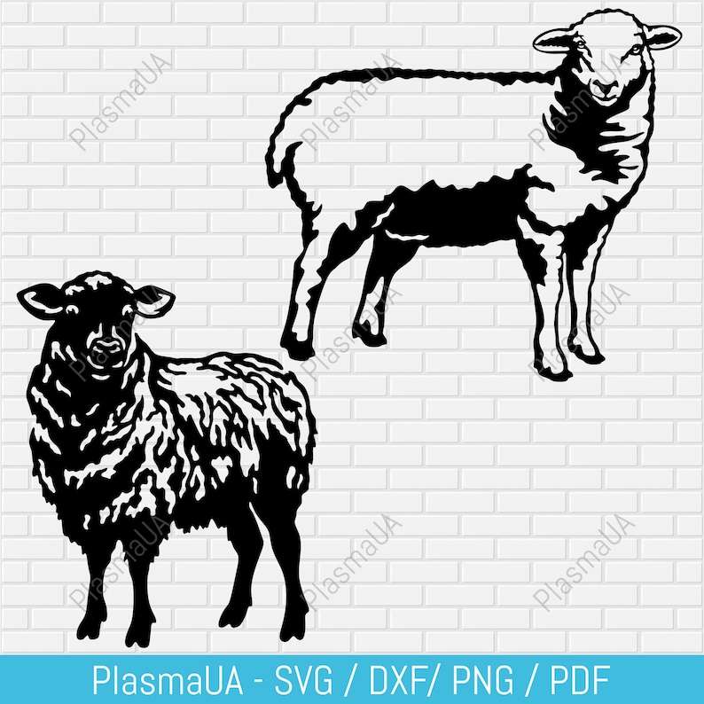 May include: Two black and white silhouette illustrations of sheep. One sheep is standing with its head up and the other sheep is standing with its head down.