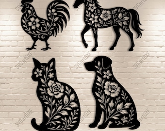 Floral Farm Animal SVG DXF – Horse Rooster Cat Dog Cut Files for Laser CNC, Cricut, Silhouette, Rustic Decor