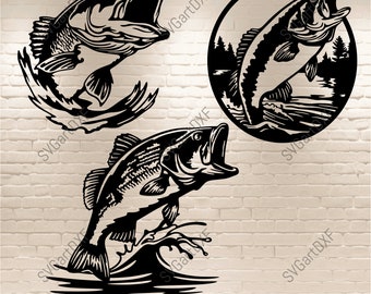 Bass Fish Scenes SVG, Jumping fish Dxf for Laser Cut Files