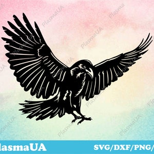 May include: Black silhouette of a raven with wings spread wide, in a flying pose. The raven is facing the left side of the image.