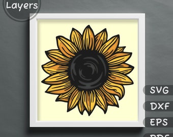 SVG en capas de girasol, plantillas de caja de sombras de girasol 3D, svg de girasol para corte de papel, archivos Dxf para corte láser, svg de girasol multicapa