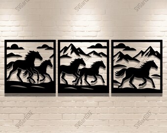 May include: Three-piece black metal wall art set featuring silhouettes of running horses. Each piece is framed and depicts horses against a backdrop of mountains and clouds. The artwork is mounted on a white brick wall. The text "SVG DXF PNG PDF" is at the bottom.