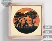 3D Giraffes scene Shadow Box Svg, Africa Scene Layered Template Svg, Dxf for Silhouette, Giraffe  3d Svg for Cricut, Multilayer Papercut