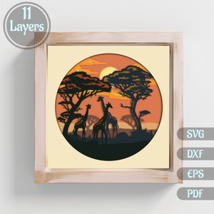 Scena 3D Giraffe Shadow Box Svg, Scena Africa Modello a strati Svg, Dxf per Silhouette, Giraffa 3d Svg per Cricut, Papercut multistrato